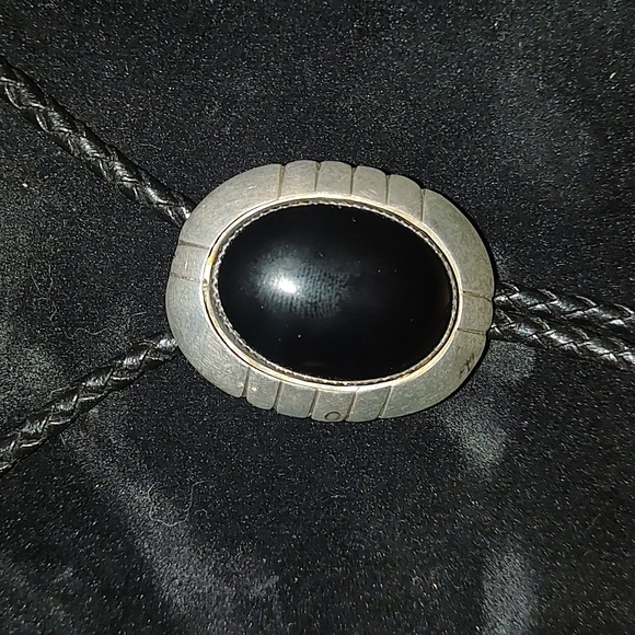 Native Other - Black Onyx Cabochon Bolo Tie Sterling Silver signed Yazzie